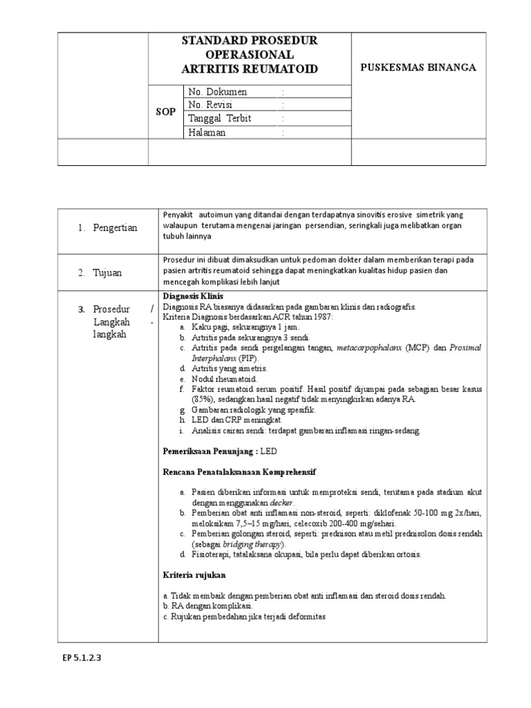Sop Arthritis Rheumatoid | PDF