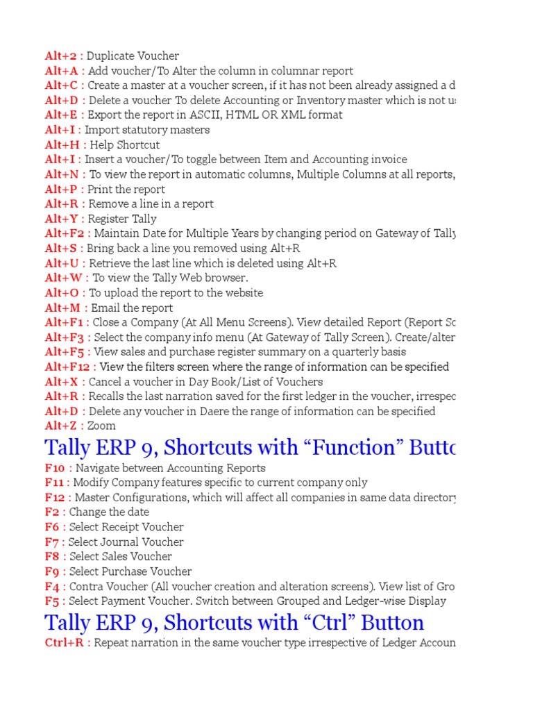 Tally Shortcut List in Excel Voucher Keyboard Shortcut