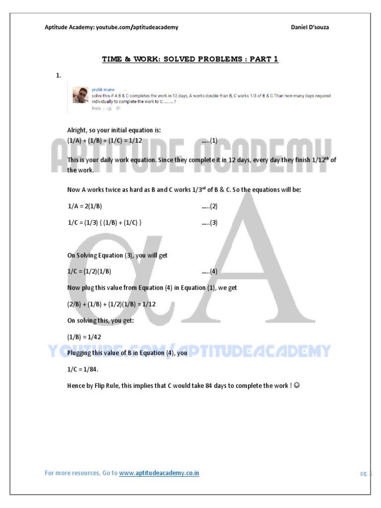 Time And Work Problems Part 1 Download Free Pdf Teaching