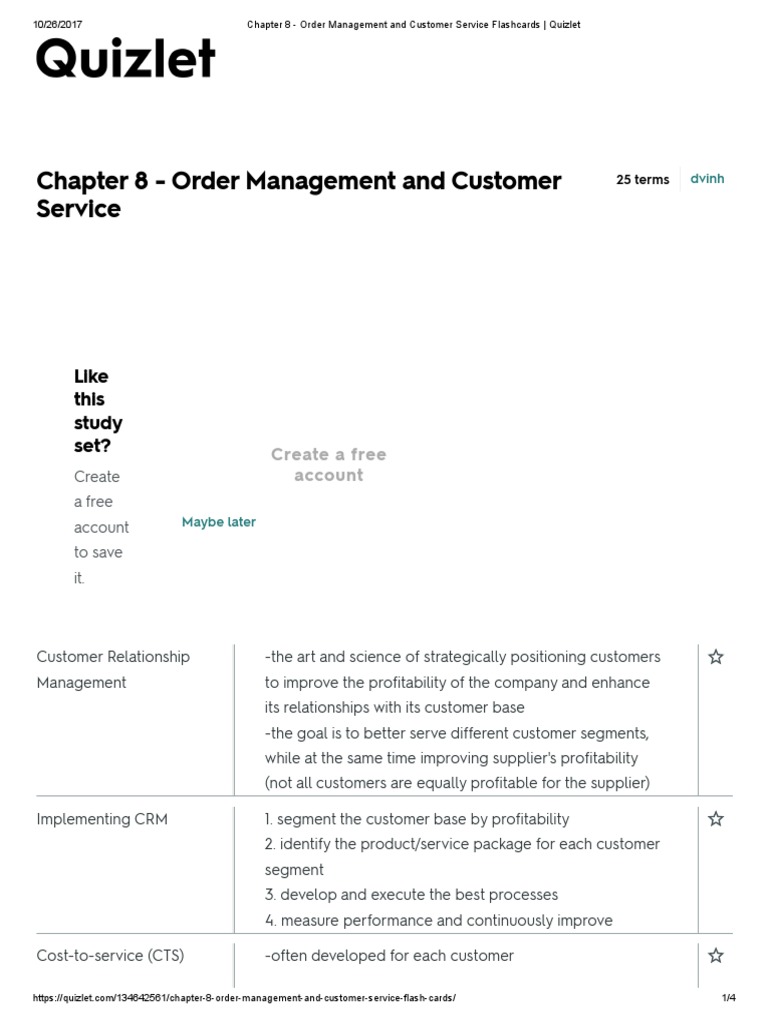 Chapter 8 Order Management and Customer Service Flashcards Quizlet