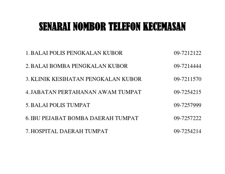 Senarai Nombor Telefon Kecemasan Pdf