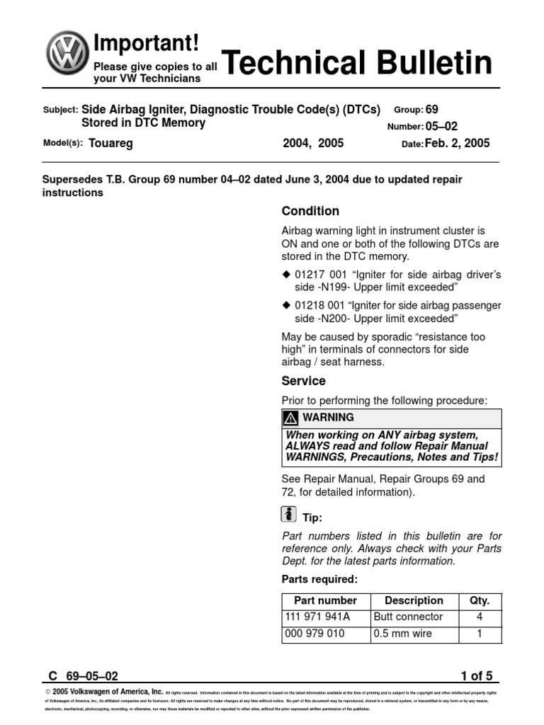 VW - Tb.69!05!02side Airbag Igniter Trouble Codes | PDF | Photocopier ...
