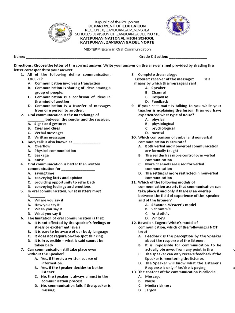 Oral Communication Midterm Exam for Katipunan National High School Students PDF Nonverbal