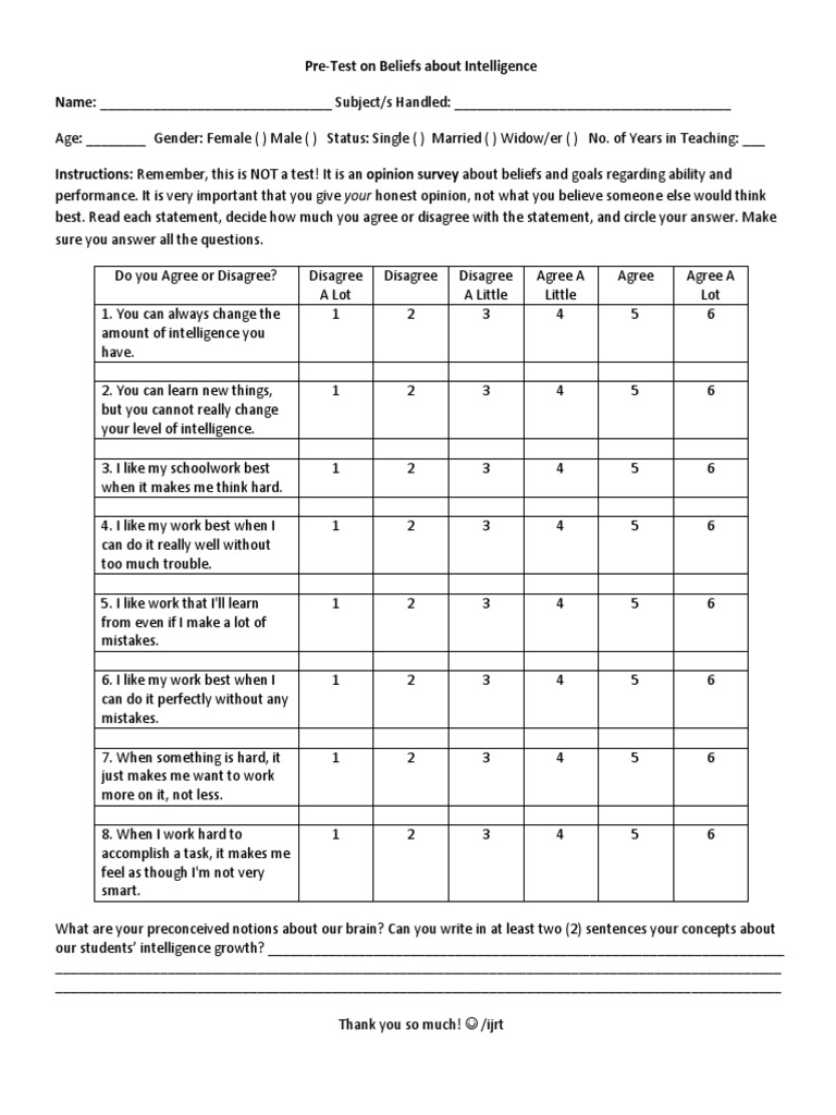 Intelligence Beliefs Pre-Post Survey | PDF | Pedagogy | Educational ...