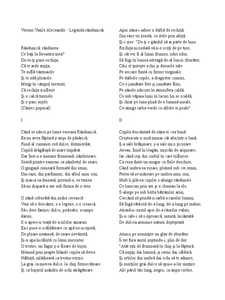 Legenda Randunicai Vasile Alecsandri | PDF