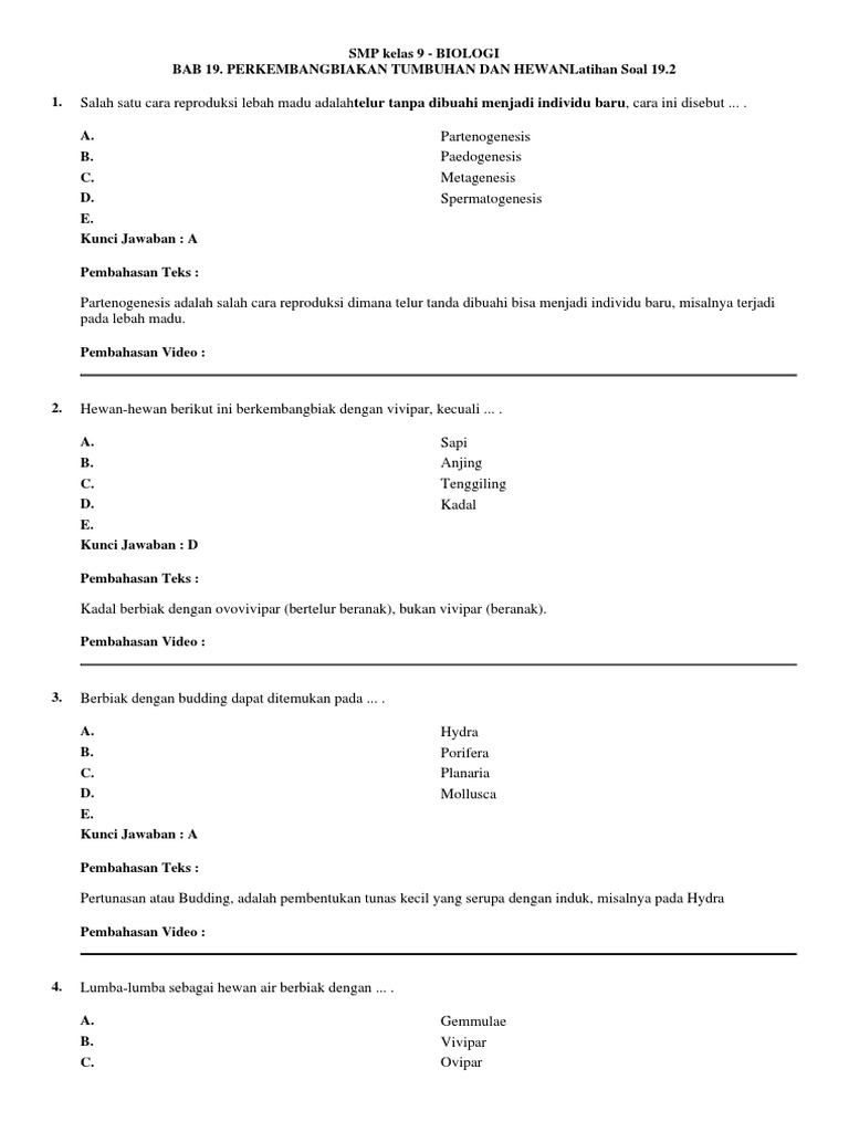 Latihan Soal SMP Kelas 9 Biologi Bab 19. Perkembangbiakan