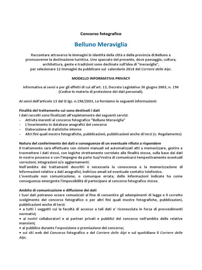 Informativa Privacy Concorso Fotografico Belluno Meraviglia