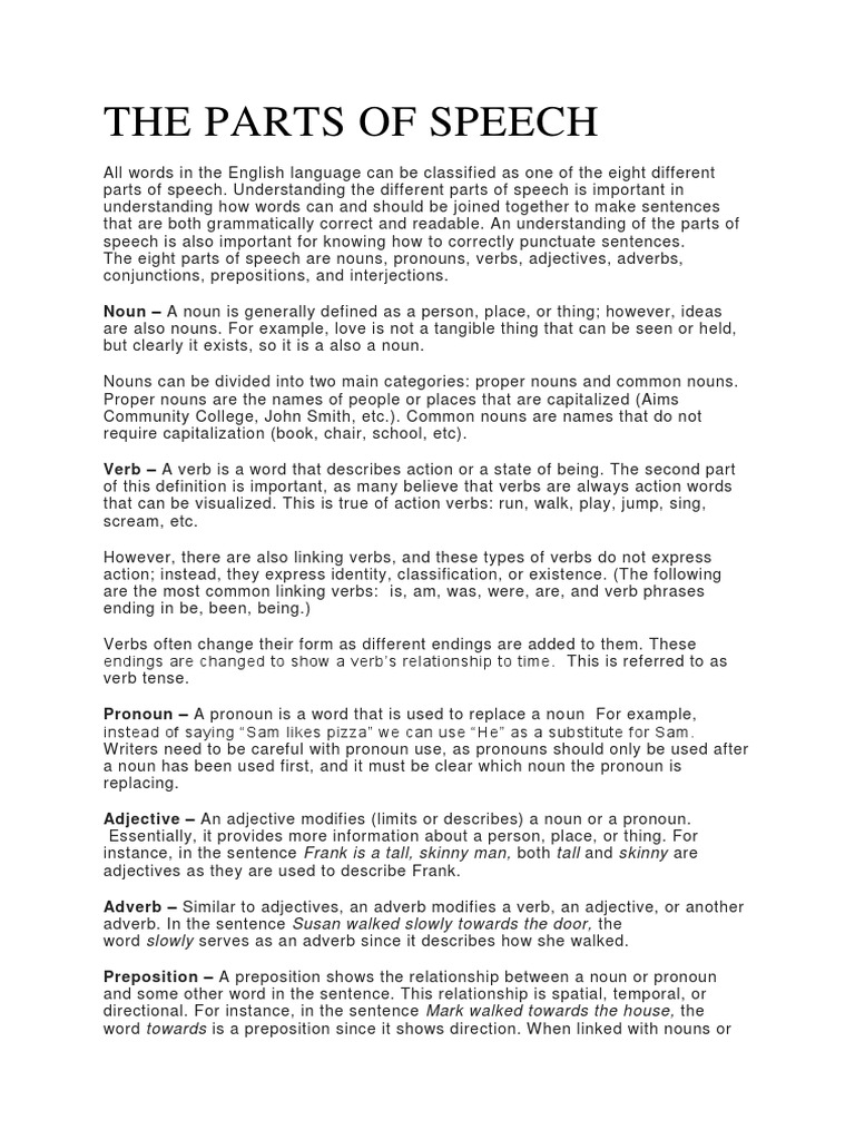 The Parts of Speech PDF Verb Noun