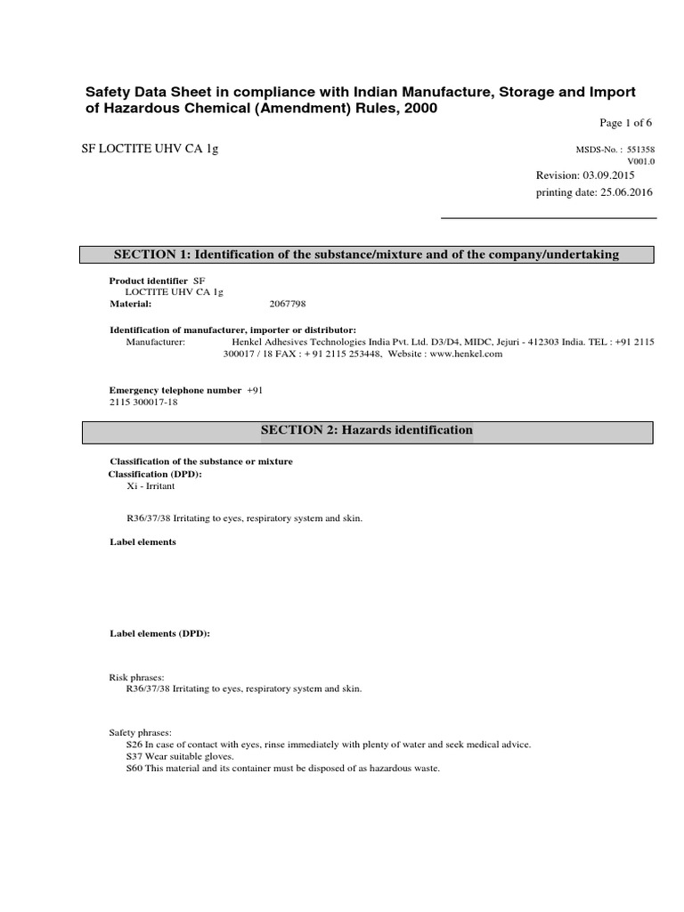Safety Data Sheet in compliance with Indian Manufacture, Storage and