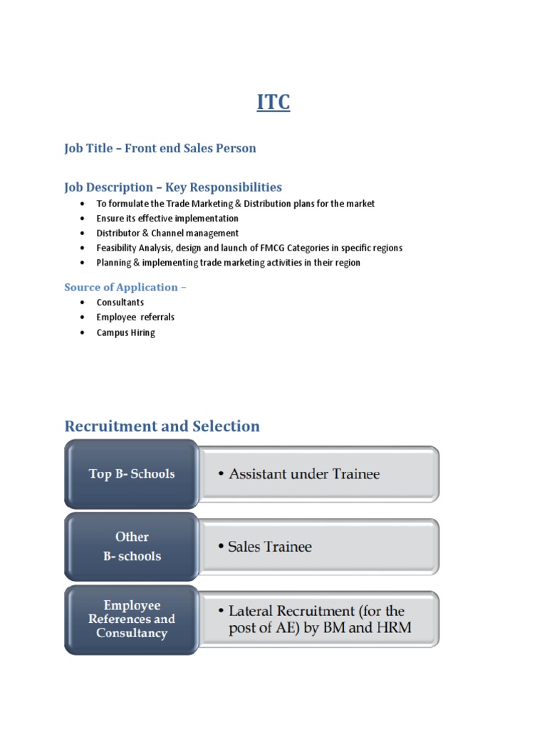 Recruitment and Selection Job Title Front End Sales Person Job