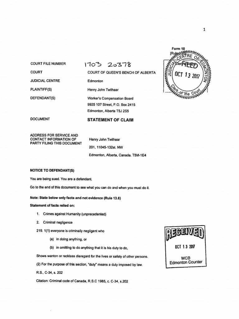 Statement Of Claim Against WCB