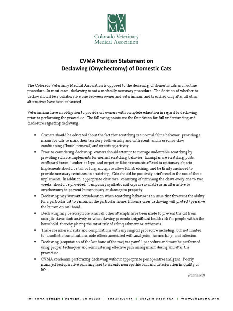 Colorado Veterinary Medical Association Position Statement On Declawing