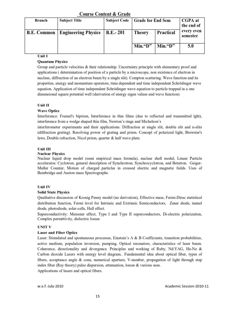 Course Content & Grade: Branch Subject Title Subject Code | PDF | Laser ...