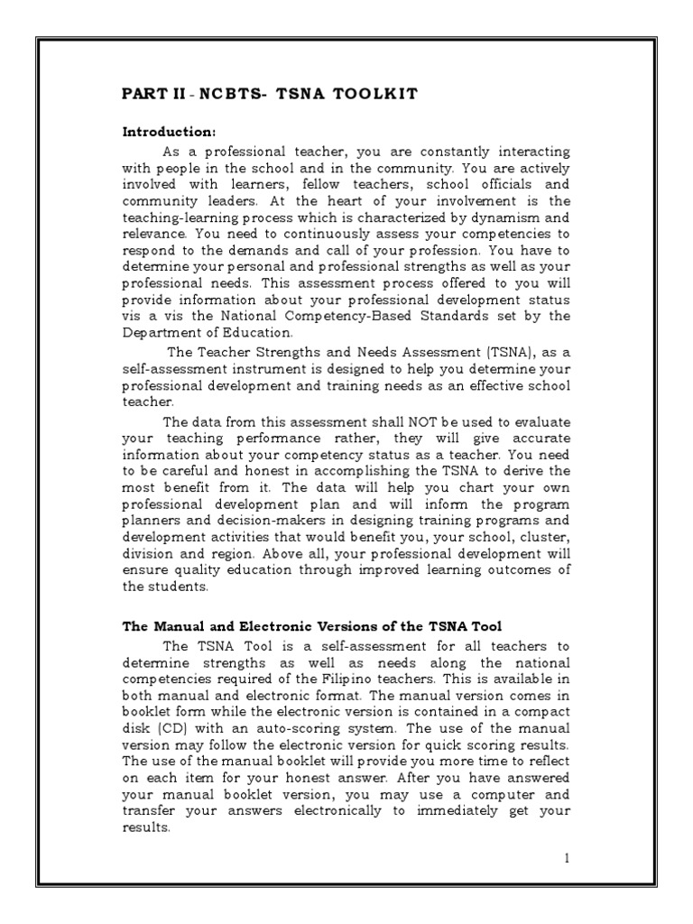 TSNA Toolkit for Teacher Self-Assessment | PDF | Learning | Educational ...