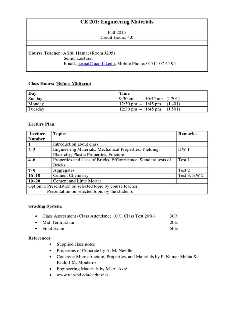 CE 201 Engineering Materials Syllabus | PDF