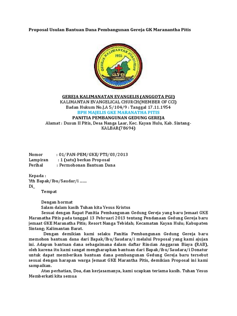 Proposal Usulan Bantuan Dana Pembangunan Gereja Gk Maranantha Pitis