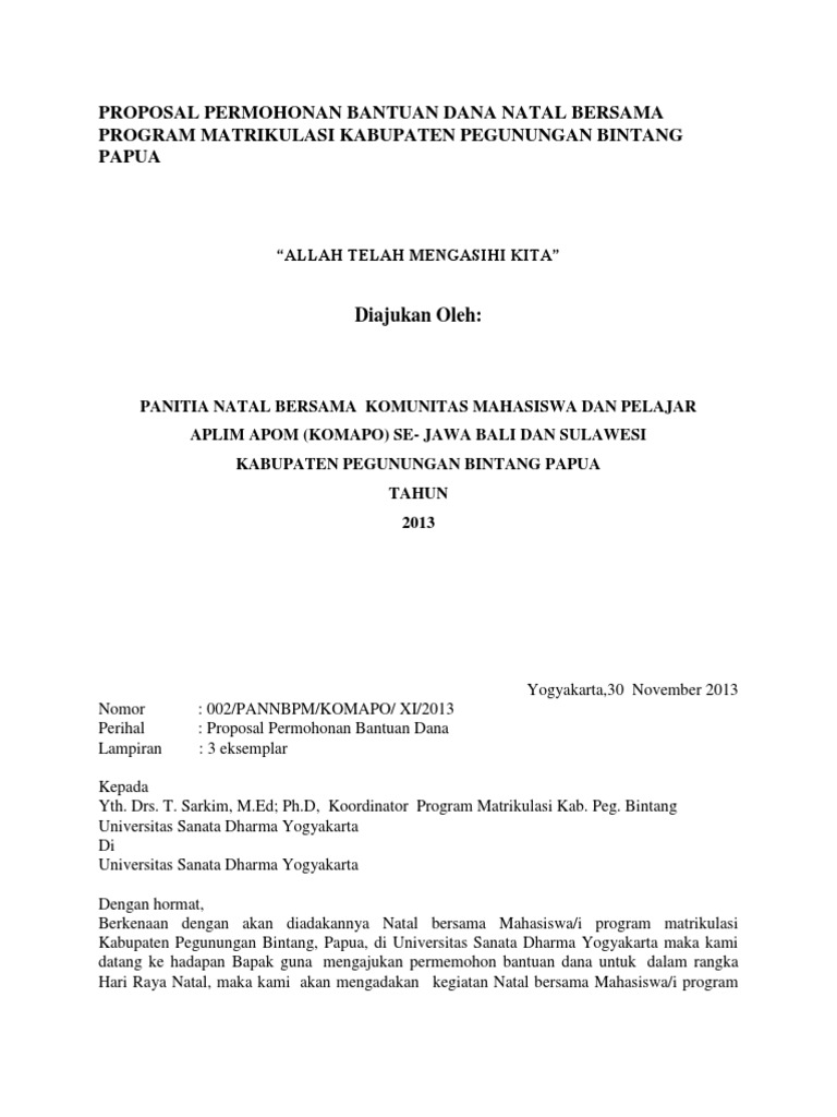 Proposal Permohonan Bantuan Dana Natal Bersama Program Matrikulasi Kabupaten Pegunungan Bintang Papua Docx