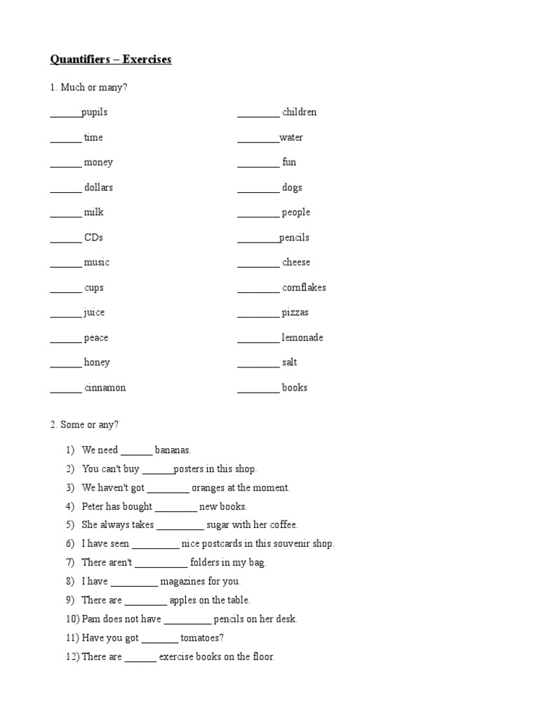 Quantifiers Exercises Worksheet | PDF