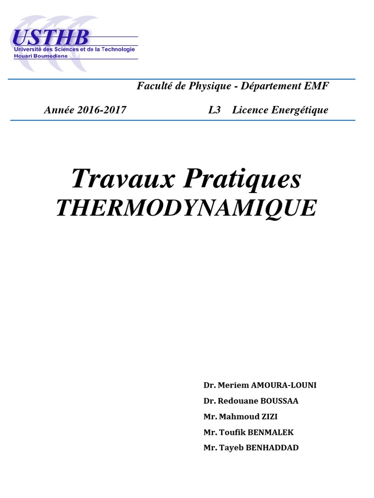 Travaux Pratiques de Thermodynamique | PDF | Enthalpie de changement d ...