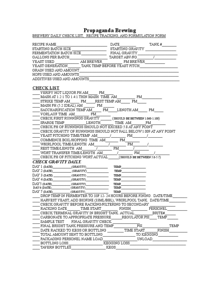 Brewery Checklist FINAL PDF Brewing Fermentation