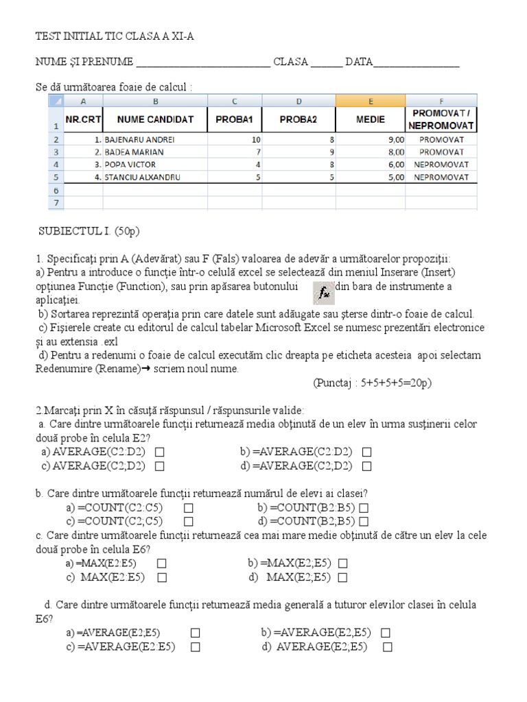 Test Initial Tic Clasa A Xi-A | PDF
