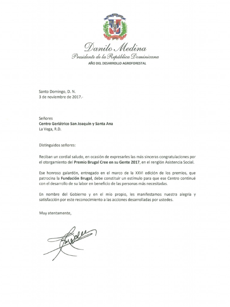 Cartas de felicitación del presidente Danilo Medina a galardonados