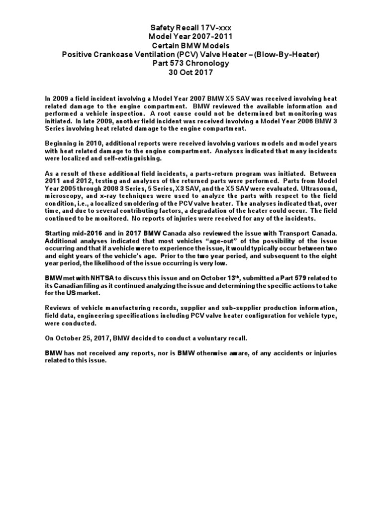 NHTSA Safety Recall Report PCV Valve PDF Bmw National Highway