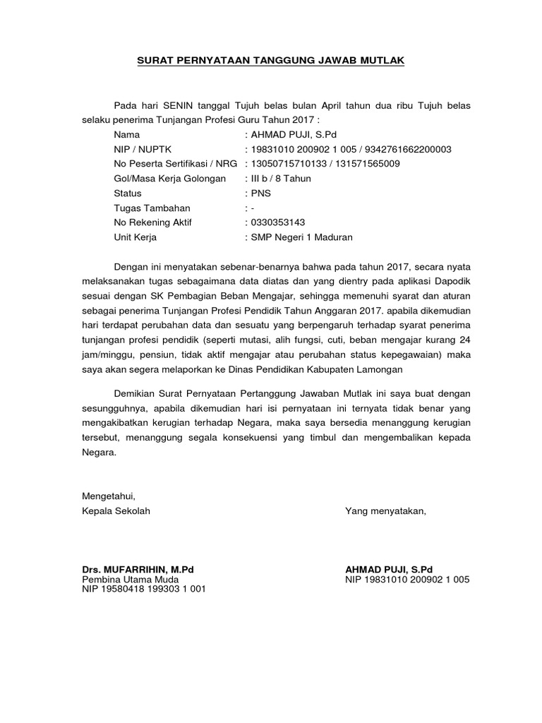 Surat Pernyataan Tanggung Jawab Mutlak