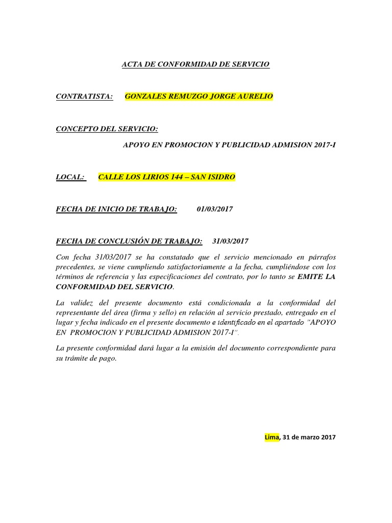 Modelo Acta de Conformidad de Servicio