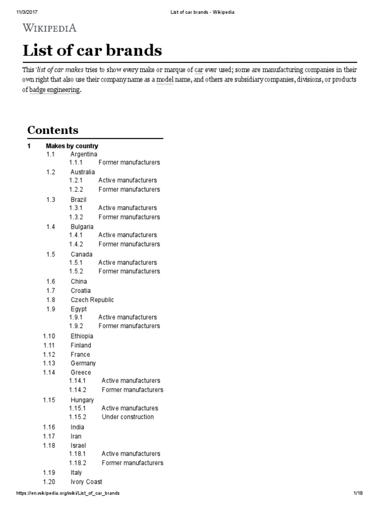 List of Car Brands Wikipedia PDF Brand Car Manufacturers
