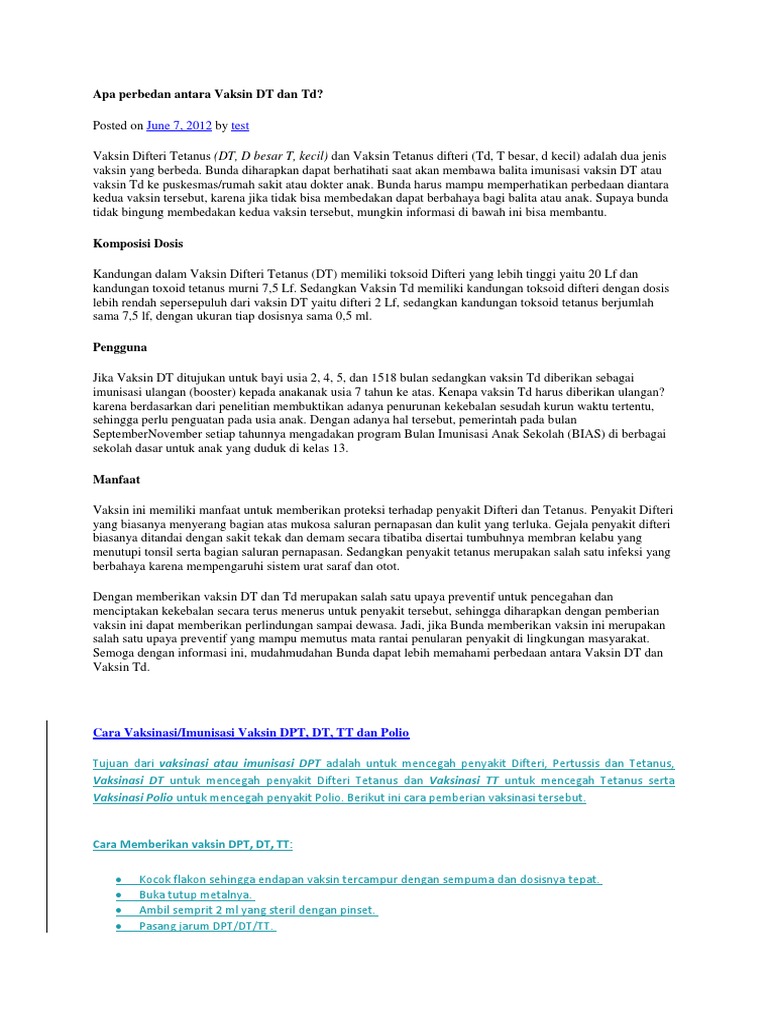 Apa Perbedan Antara Vaksin DT Dan Td