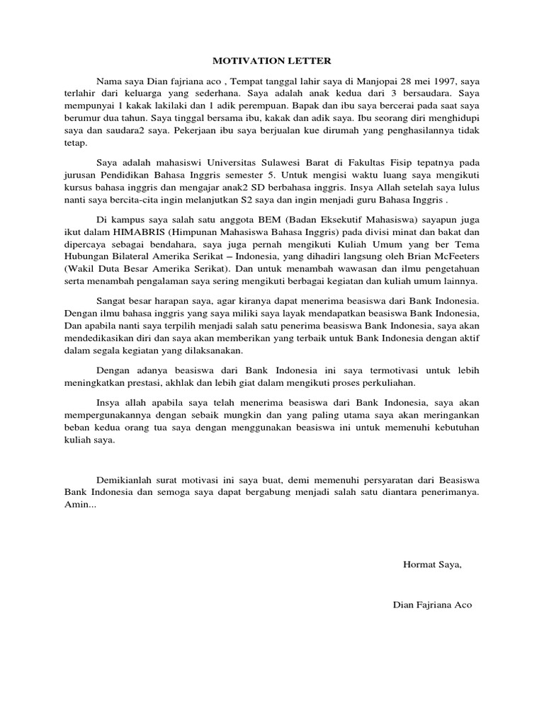 Contoh Motivation Letter Untuk Beasiswa Bi - resumetrusted.com