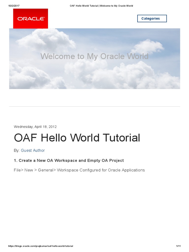 OAF Hello World Tutorial - Welcome To My Oracle World | PDF | Software ...