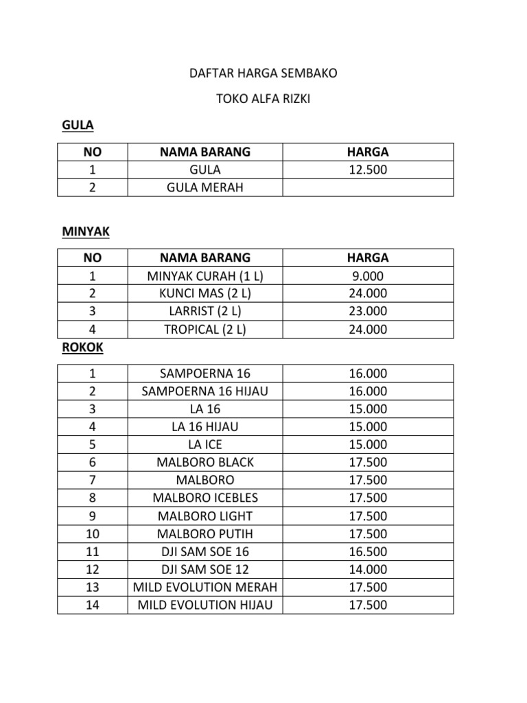 Daftar Harga Sembako