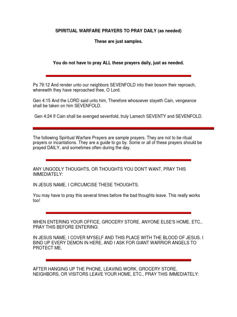 Spiritual Warfare Prayers To Pray Daily (As Needed) | PDF | Confession  (Religion) | Demons