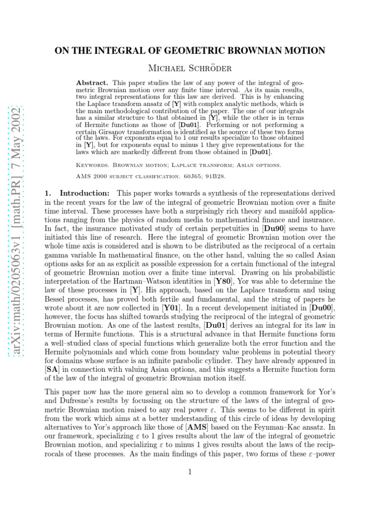 On The Integral of Geometric Brownian Motion: Michael SCHR Oder | PDF ...
