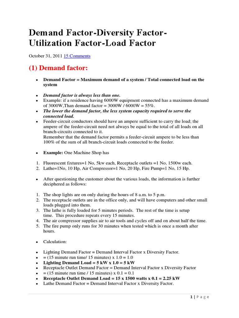 Demand FactorDiversity FactorUtilization FactorLoad Factor PDF