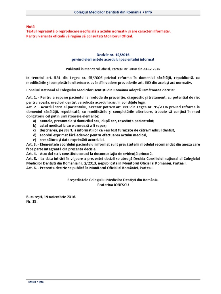 Decizia Nr. 15-2016 Acordul Pacientului Informat | PDF