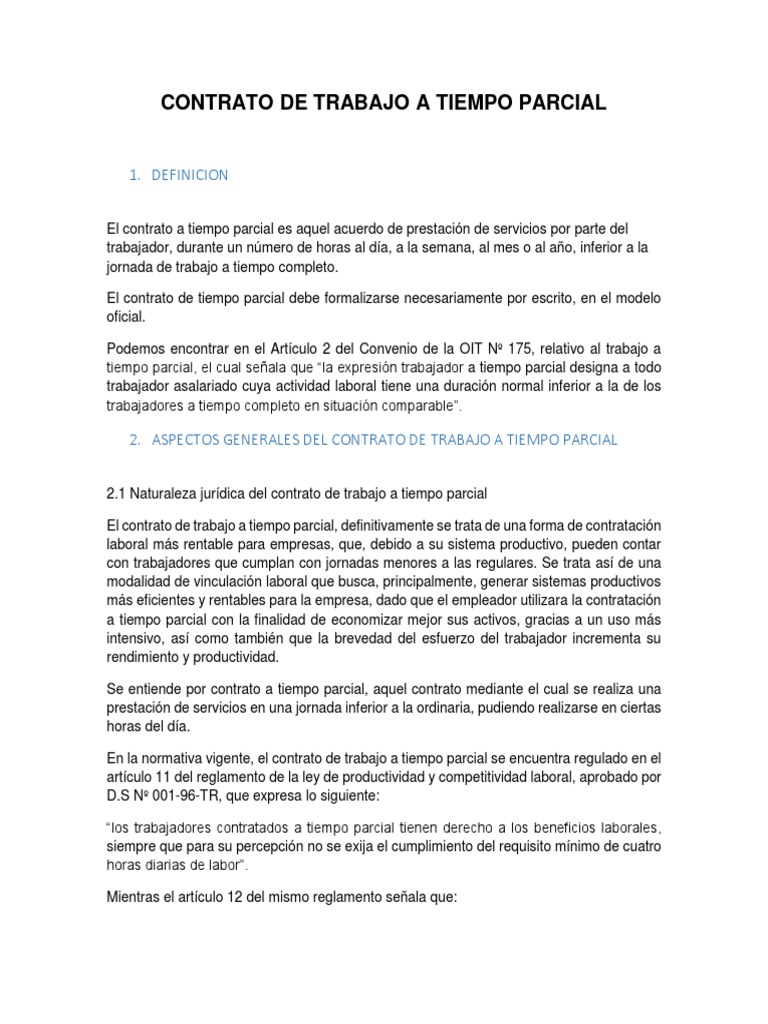 Contrato de Trabajo A Tiempo Parcial PDF Derecho laboral Tiempo de trabajo