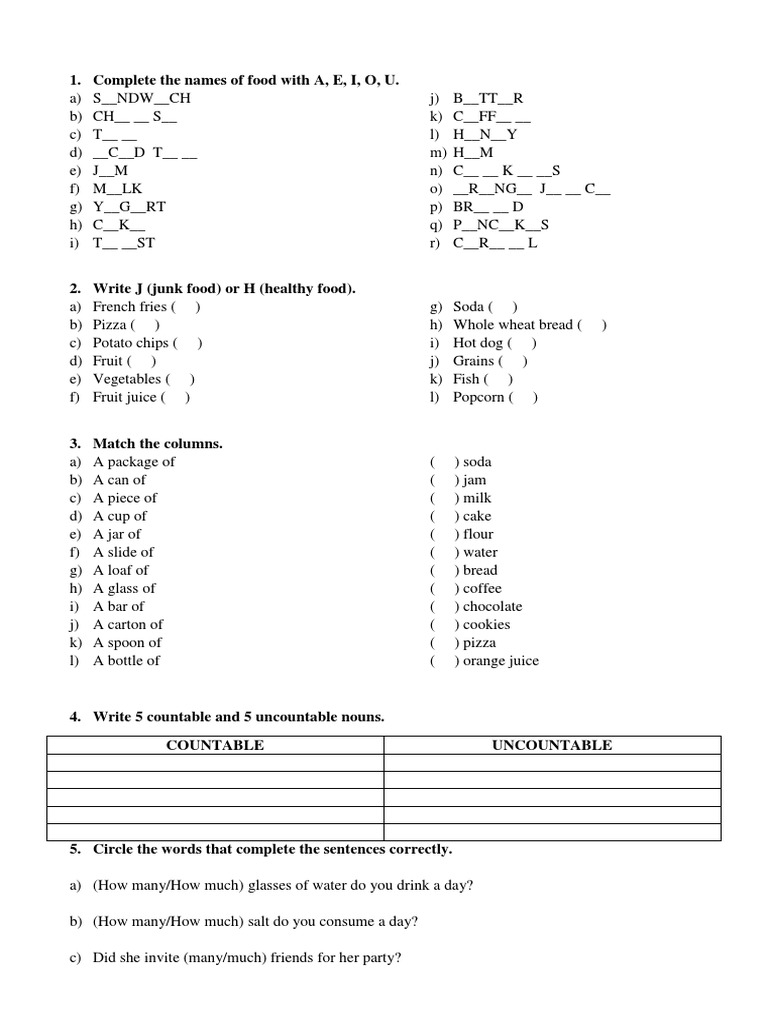 Test On Food Countable And Uncountable Breads Juice