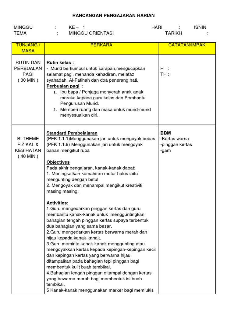 Rancangan Pengajaran Harian Prasekolah Minggu Orientasi