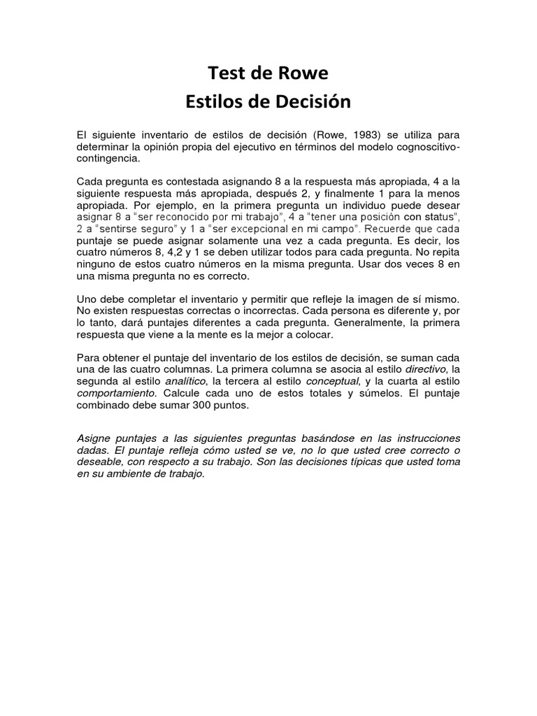 Test de Rowe: Inventario de Decisiones | PDF | Epistemología | Sicología
