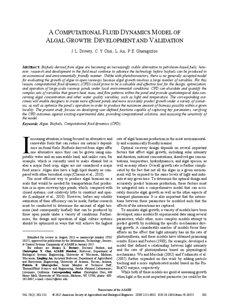 A Computational Fluid Dynamics Model of Algal Growth Development and ...