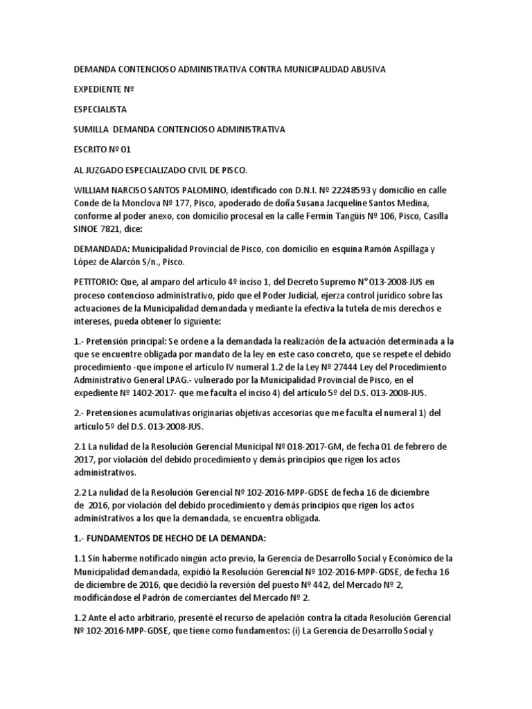 Demanda Contencioso Administrativa Contra Municipalidad Abusiva | PDF |  Regulación | Legislación