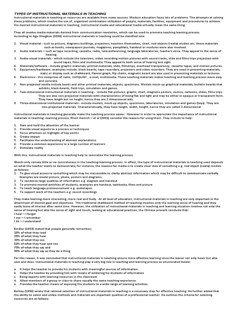 Types of Instructional Materials in Teaching or Resources PDF
