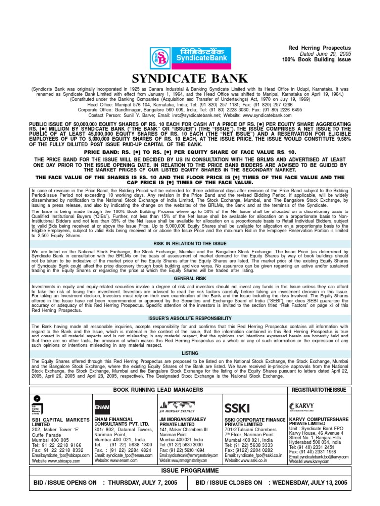 Syndicate Bank Equity Share Issue Details | PDF | Stocks | Securities ...