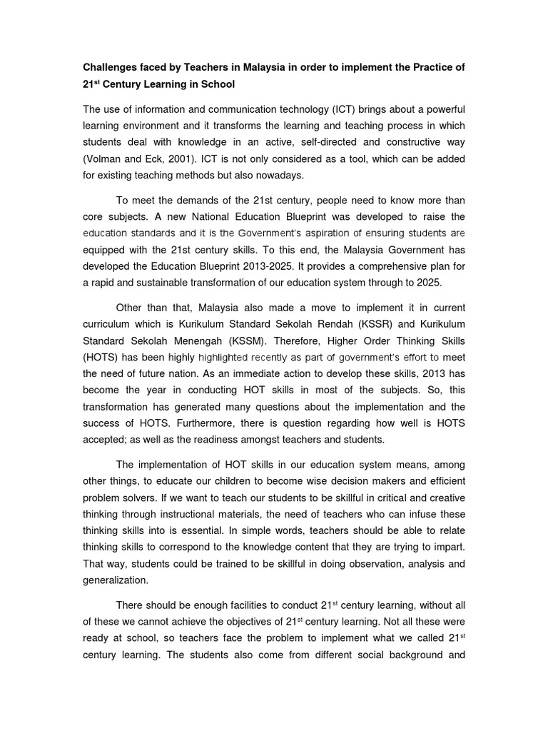 Challenges Faced By Teachers In Malaysia In Order To Implement The
