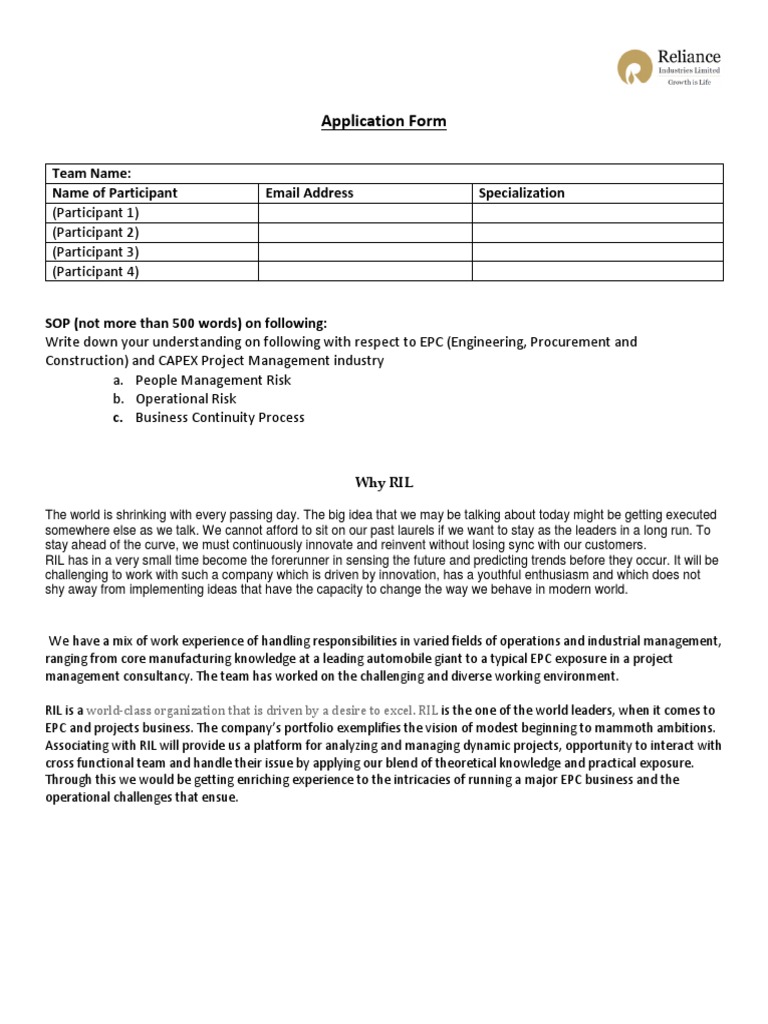 Application Form Team Name Name of Participant Email Address Specialization PDF