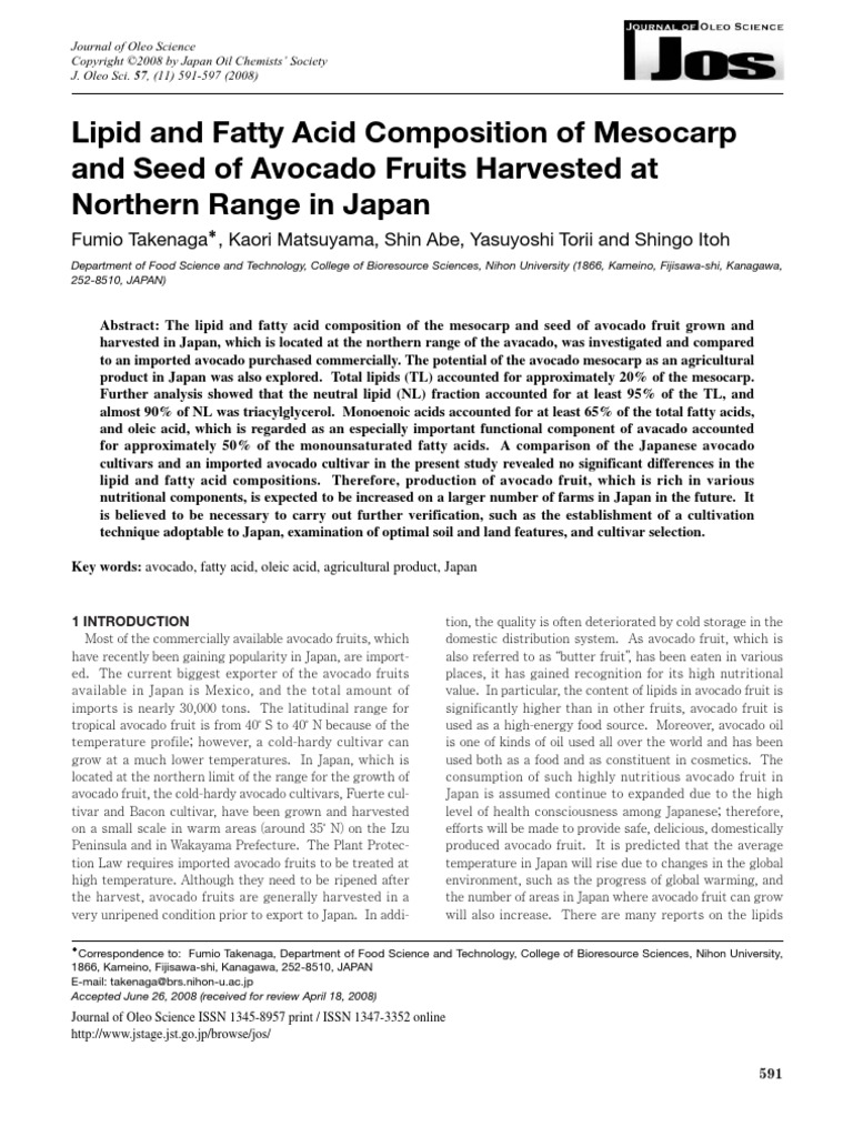 Lipid and Fatty Acid Composition of Mesocarp and Seed of Avocado Fruits
