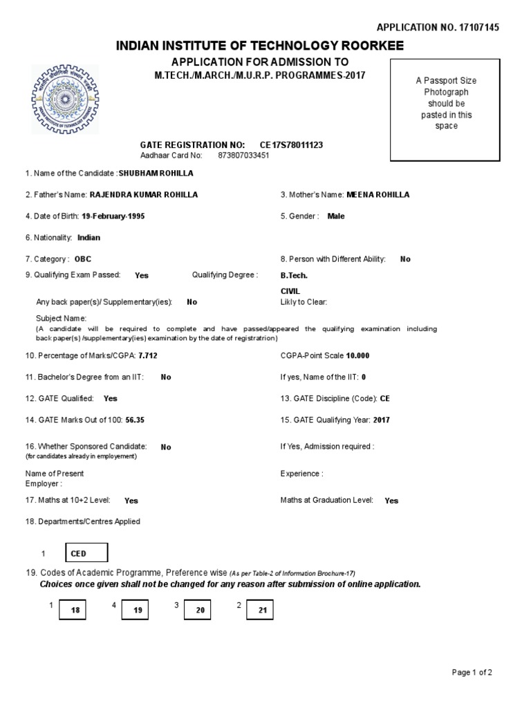 Indian Institute of Technology Roorkee Application For Admission To